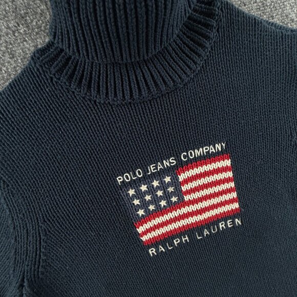 Polo Jeans Ralph Lauren Flag Sweater Knit Large Blue Embroidered Turtleneck - Picture 2 of 16